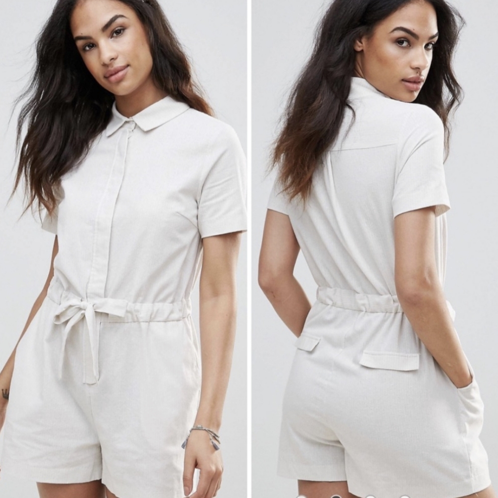 ASOS FRNCH Romper Beige Tan Stripe Drawstring Waist Shirt Front Medium